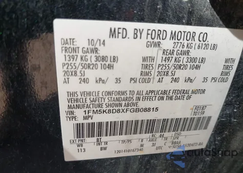 2015 Ford Explorer Xlt from USA, damaged, VIN 1FM5K8D8XFGB08815